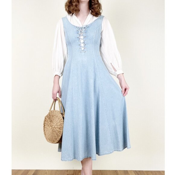 Vintage Lace Up Corset Midi Maxi Dress Summer Sun A-line Whimsigoth Cottagecore - Picture 10 of 10